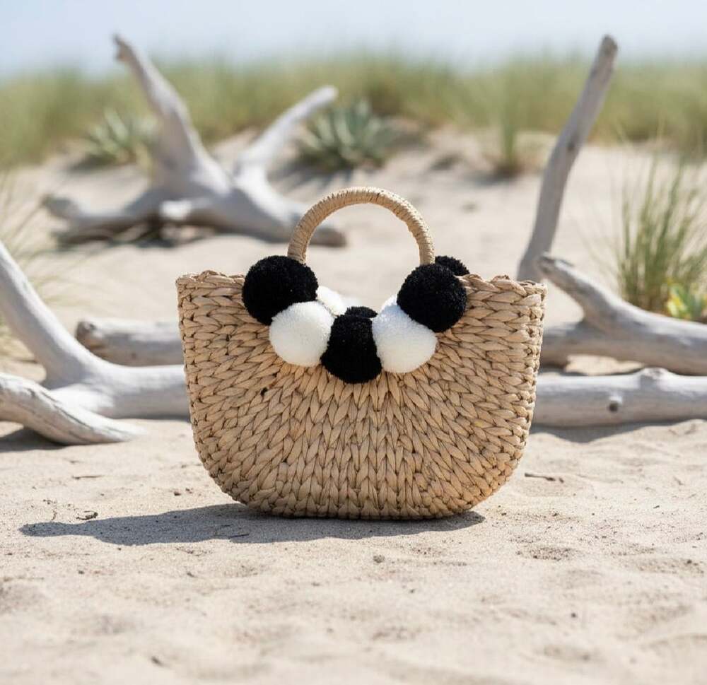 Event Blossom Straw Pom Pom Natural Woven Tote Handbag